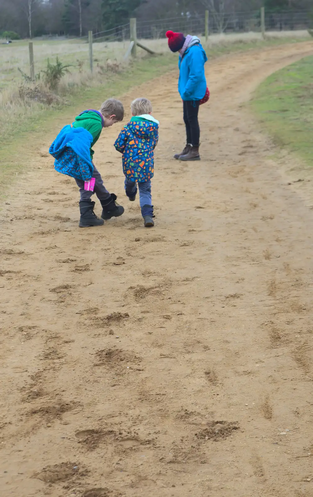 The boys enjoy making footprints in the sand, from A Trip to Sutton Hoo, Woodbridge, Suffolk - 29th January 2017