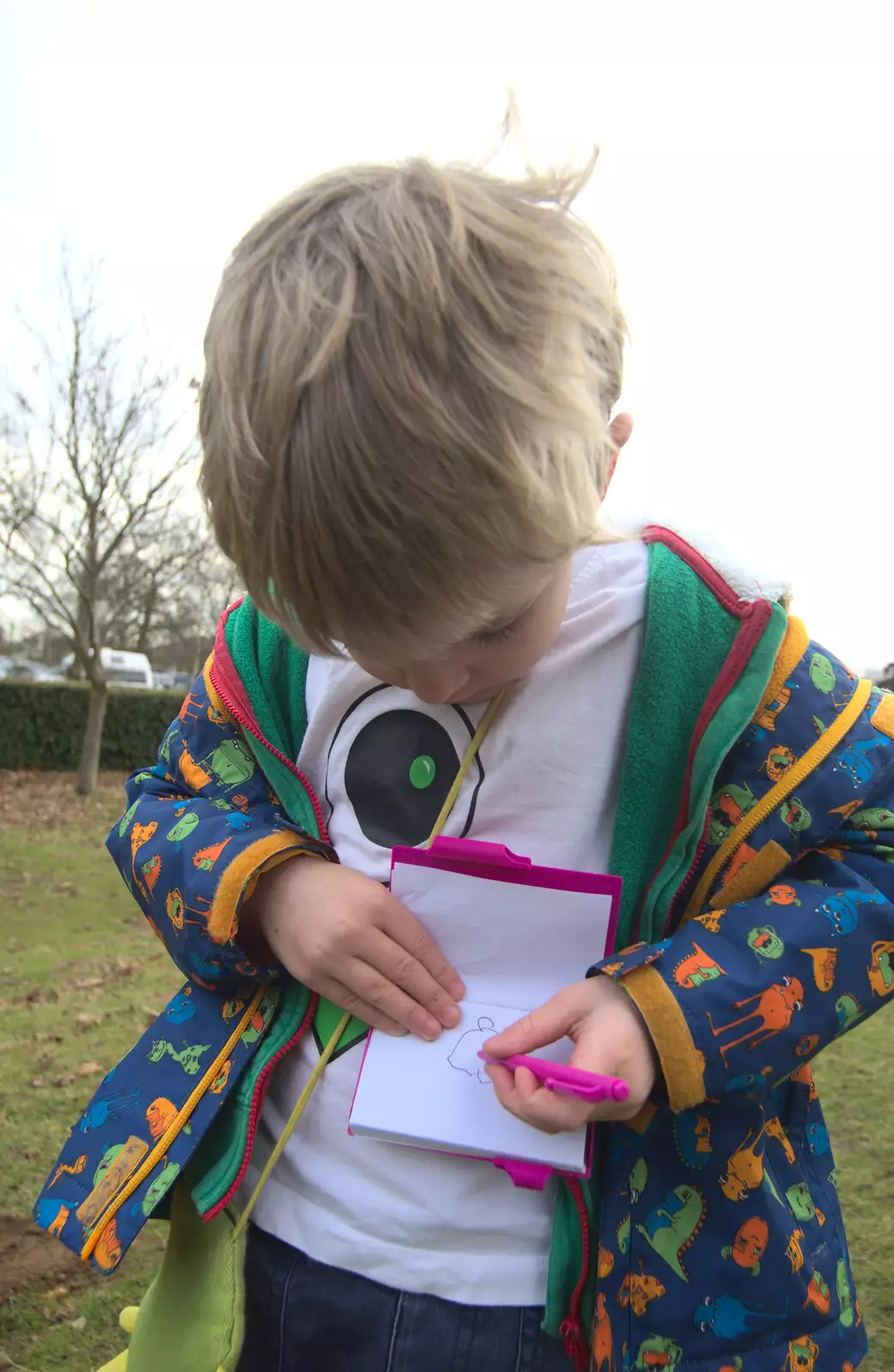 Harry draws something in his 'journal', from A Trip to Sutton Hoo, Woodbridge, Suffolk - 29th January 2017