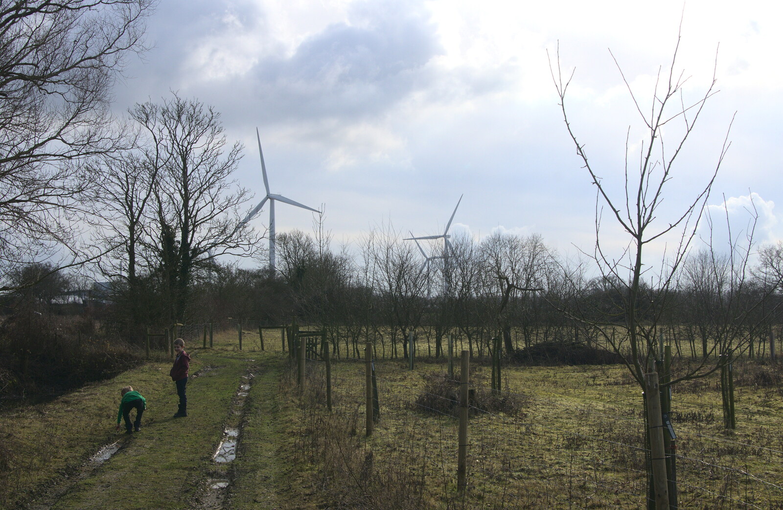 The boys and the wind turbines from A Winter's Walk, Thrandeston, Suffolk - 5th February 2017