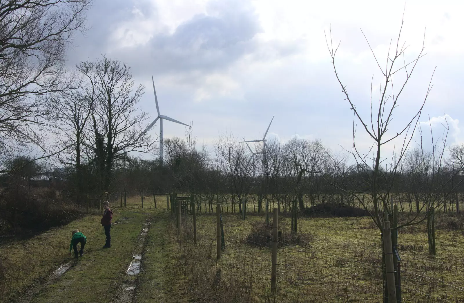 The boys and the wind turbines, from A Winter's Walk, Thrandeston, Suffolk - 5th February 2017