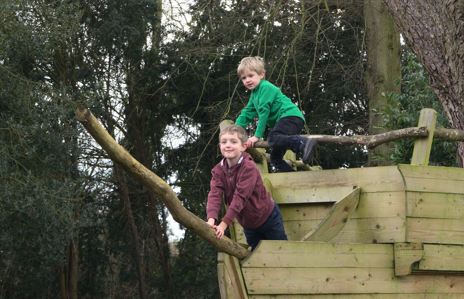 Fred and Harry on the bow of the ship from A Winter's Walk, Thrandeston, Suffolk - 5th February 2017