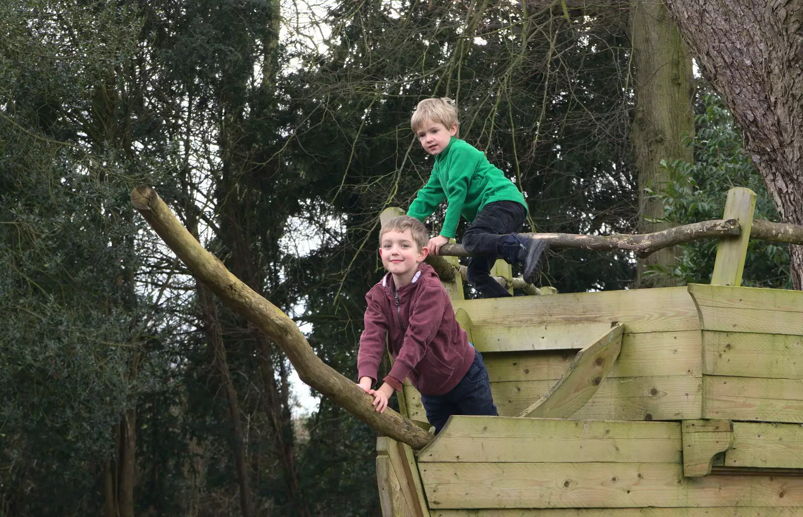 Fred and Harry on the bow of the ship, from A Winter's Walk, Thrandeston, Suffolk - 5th February 2017