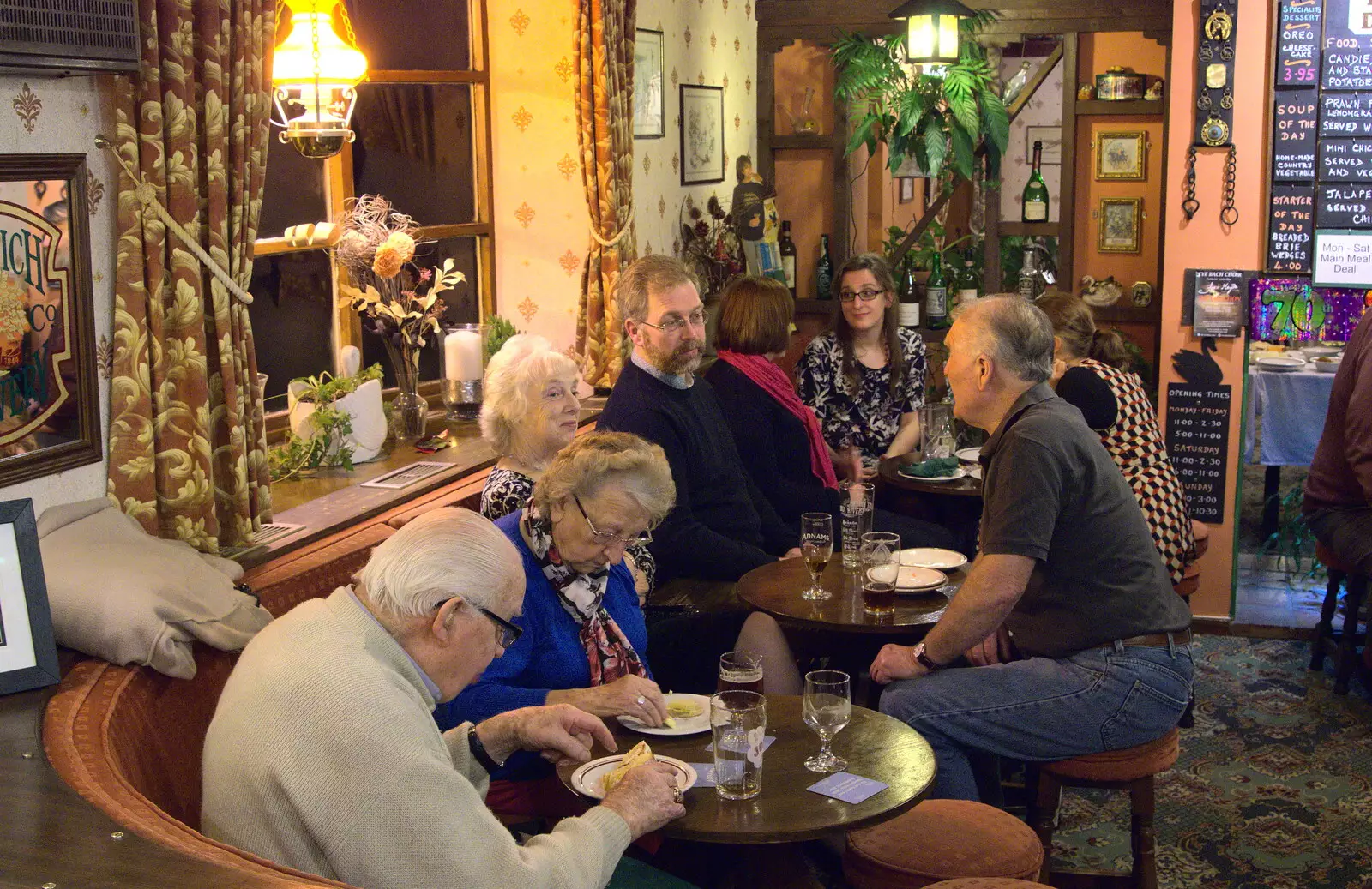 Marc chats with Bernie and Jean, from Sylvia's 70th Birthday up the Swan Inn, Brome, Suffolk - 11th February 2017