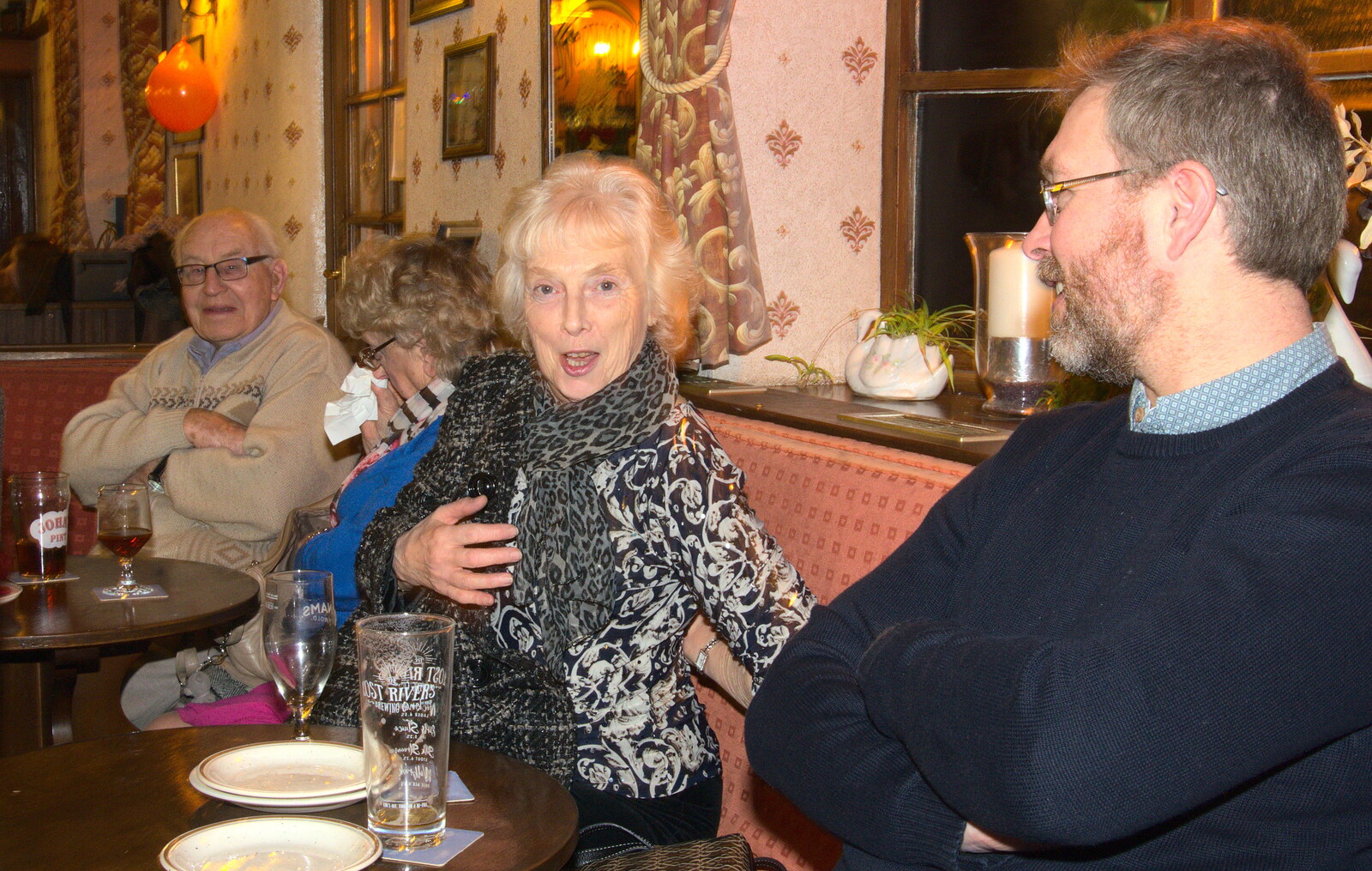 Jean looks over from Sylvia's 70th Birthday up the Swan Inn, Brome, Suffolk - 11th February 2017