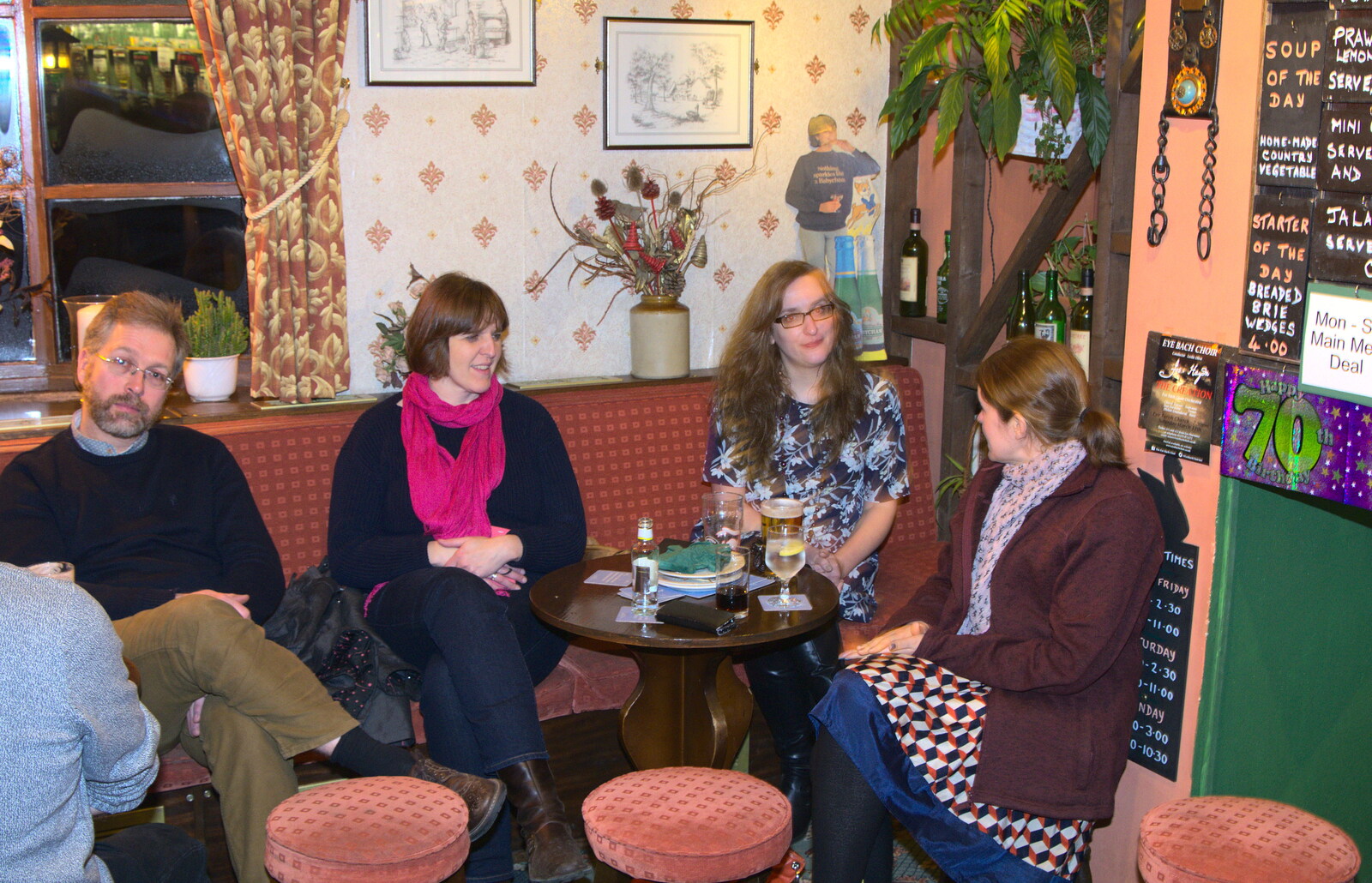 Marc looks glum as Suey and Sarah chat to Isobel from Sylvia's 70th Birthday up the Swan Inn, Brome, Suffolk - 11th February 2017