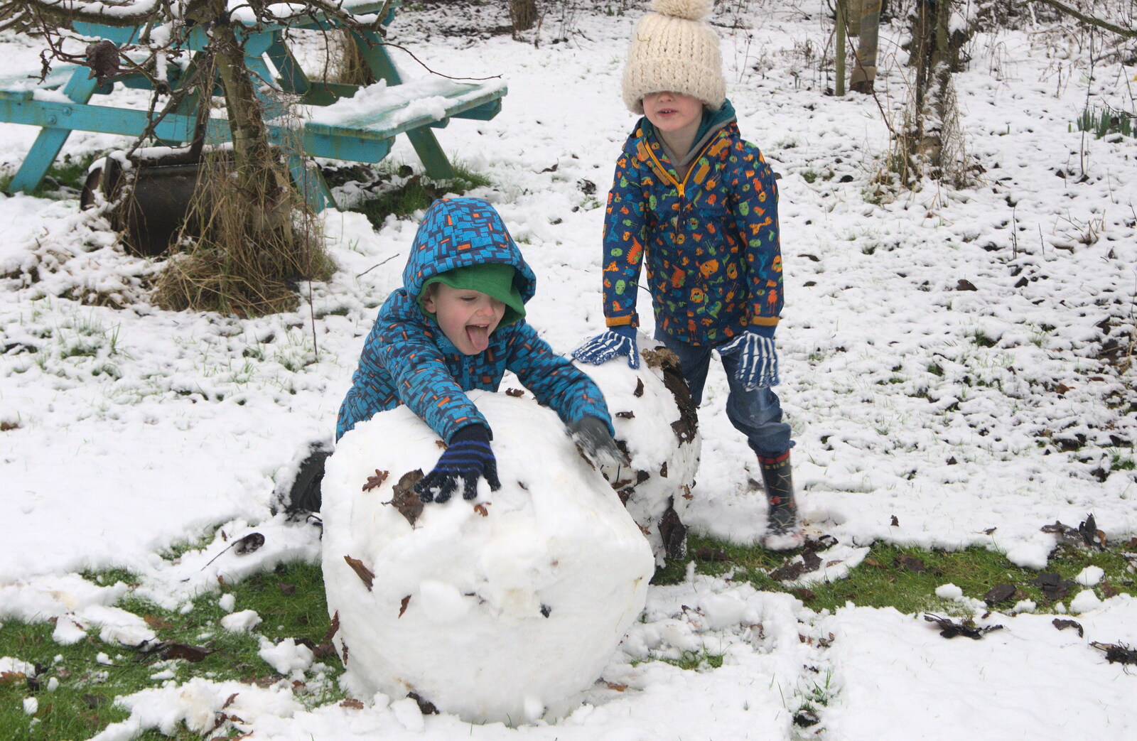 The boys have quite a big ball of snow from A Snowy Day, Brome, Suffolk - 12th February 2017