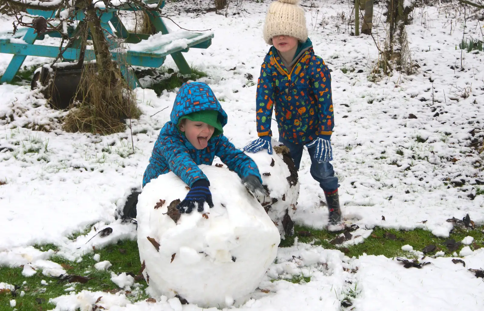 The boys have quite a big ball of snow, from A Snowy Day, Brome, Suffolk - 12th February 2017