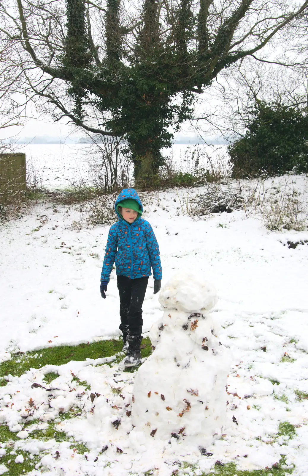 Fred considers the snowman, from A Snowy Day, Brome, Suffolk - 12th February 2017