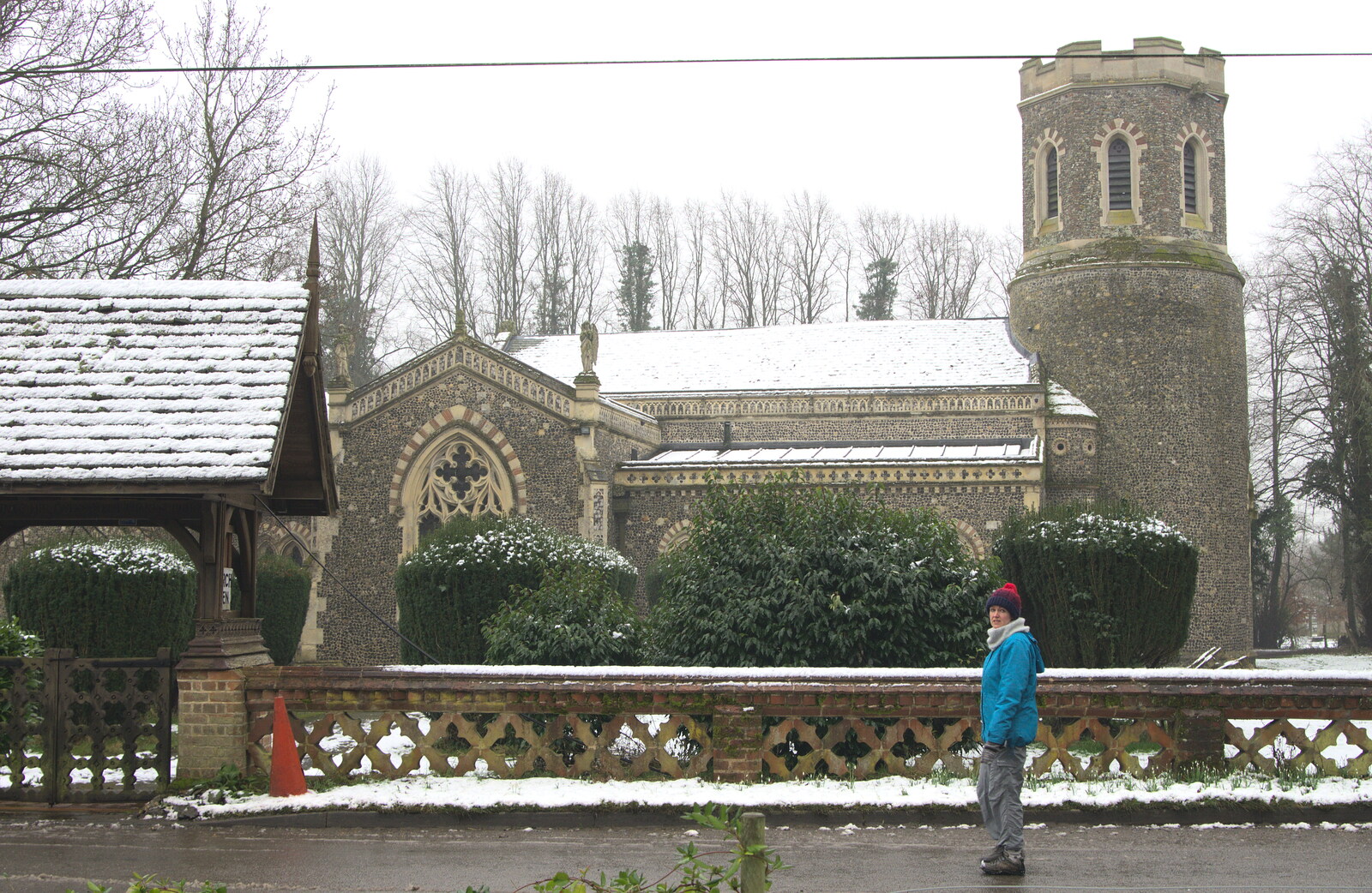 Isobel outside Brome church from A Snowy Day, Brome, Suffolk - 12th February 2017