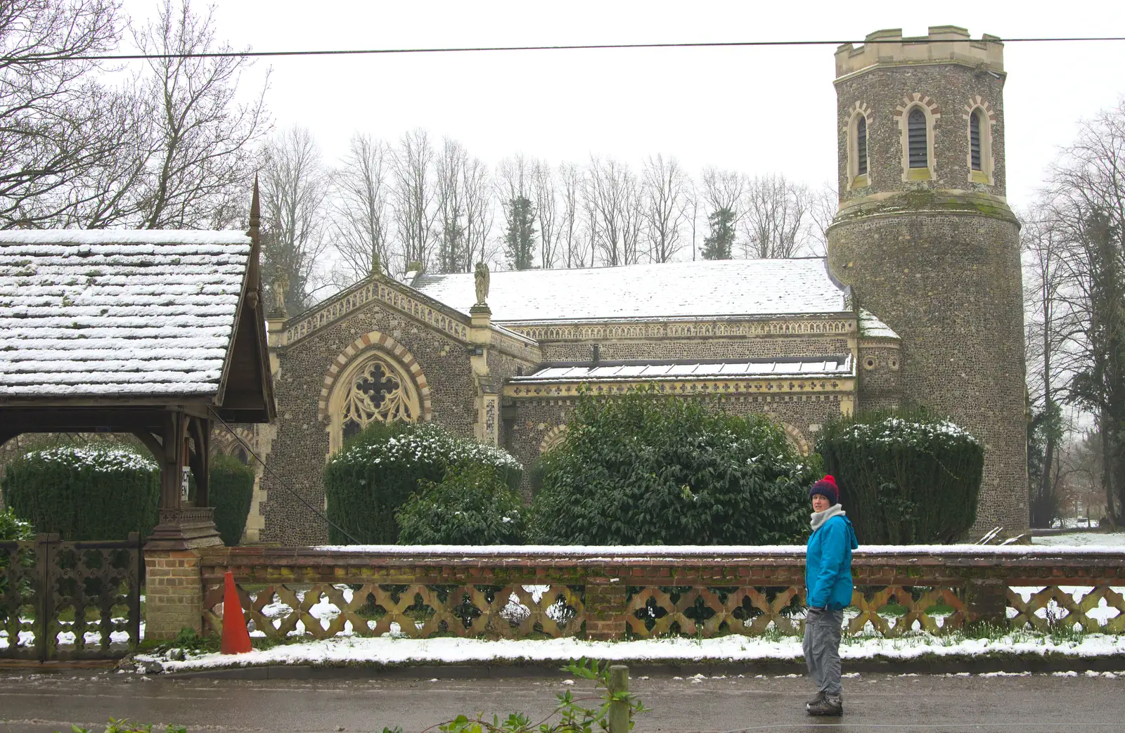 Isobel outside Brome church, from A Snowy Day, Brome, Suffolk - 12th February 2017