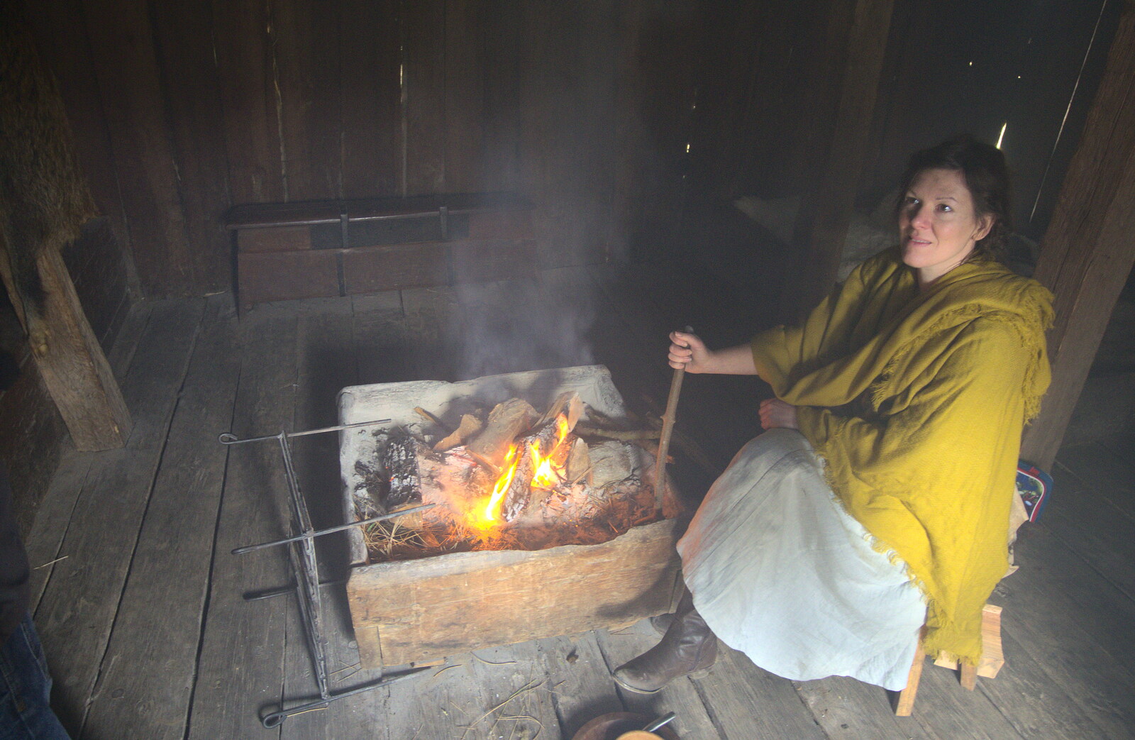 Inside the smoky house, someone is being all Saxon from An Anglo-Saxon Village, West Stow, Suffolk - 19th February 2017