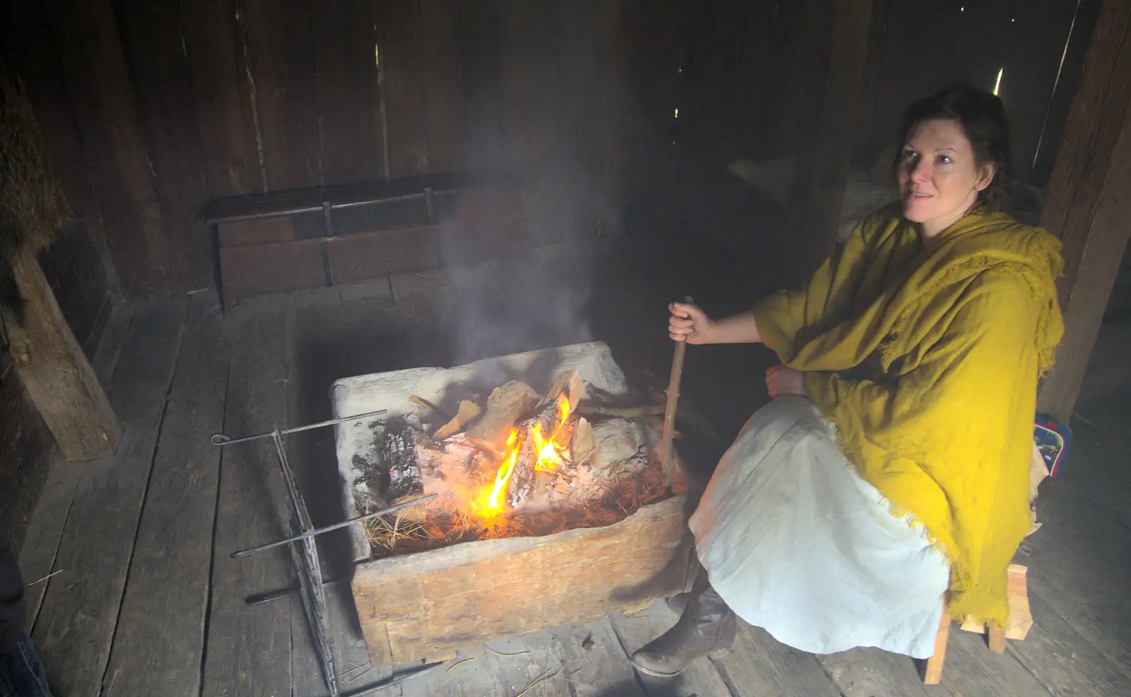 Inside the smoky house, someone is being all Saxon, from An Anglo-Saxon Village, West Stow, Suffolk - 19th February 2017