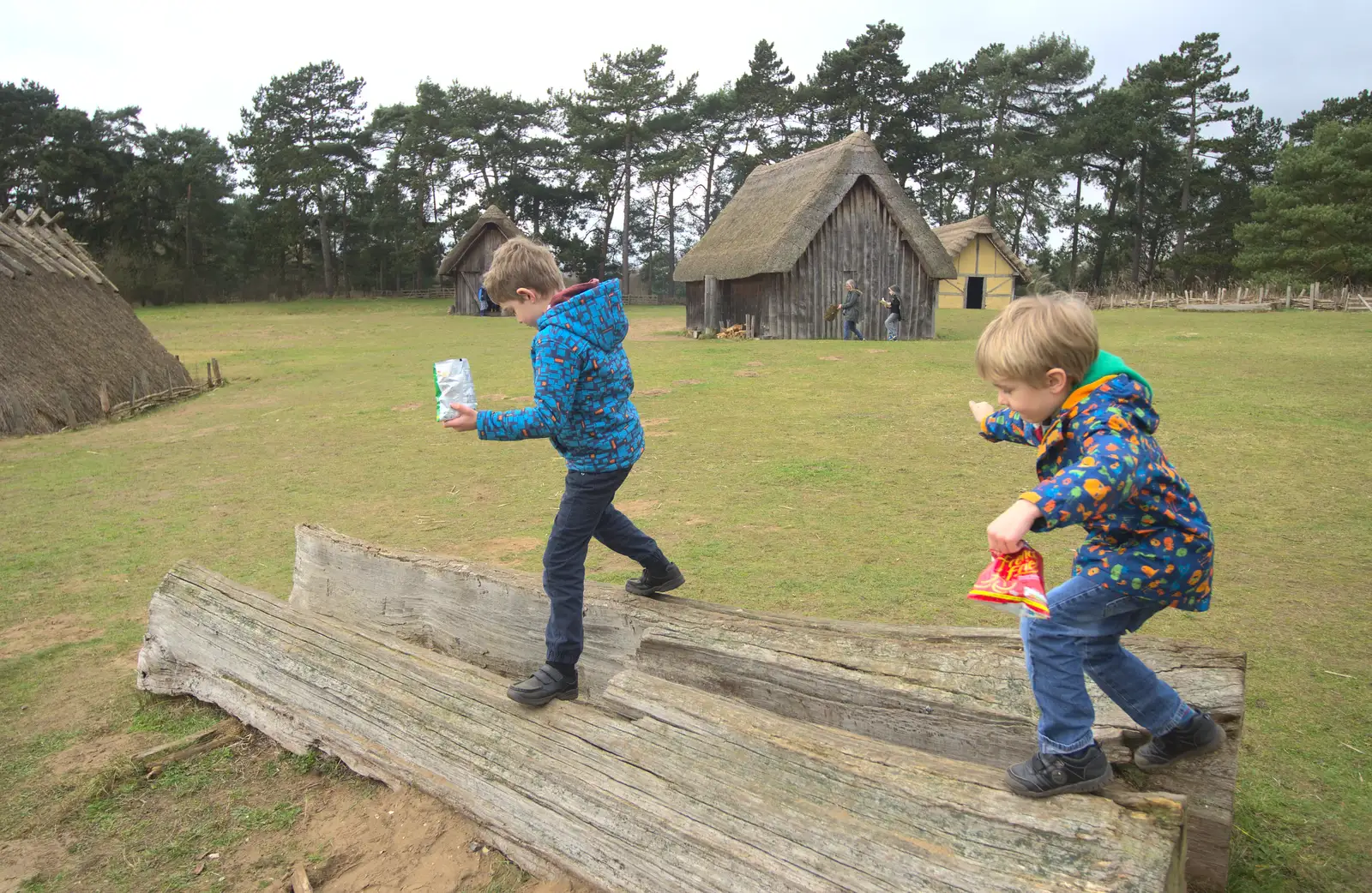 Fred and Harry on a log, from An Anglo-Saxon Village, West Stow, Suffolk - 19th February 2017