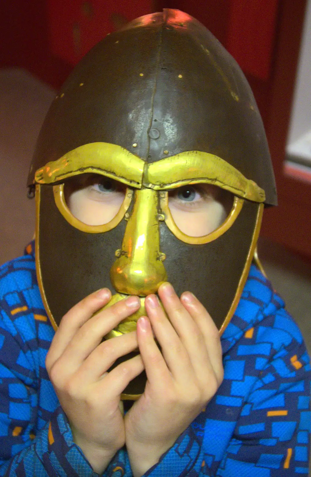 Fred with a Sutton-Hoo-esque helmet on, from An Anglo-Saxon Village, West Stow, Suffolk - 19th February 2017