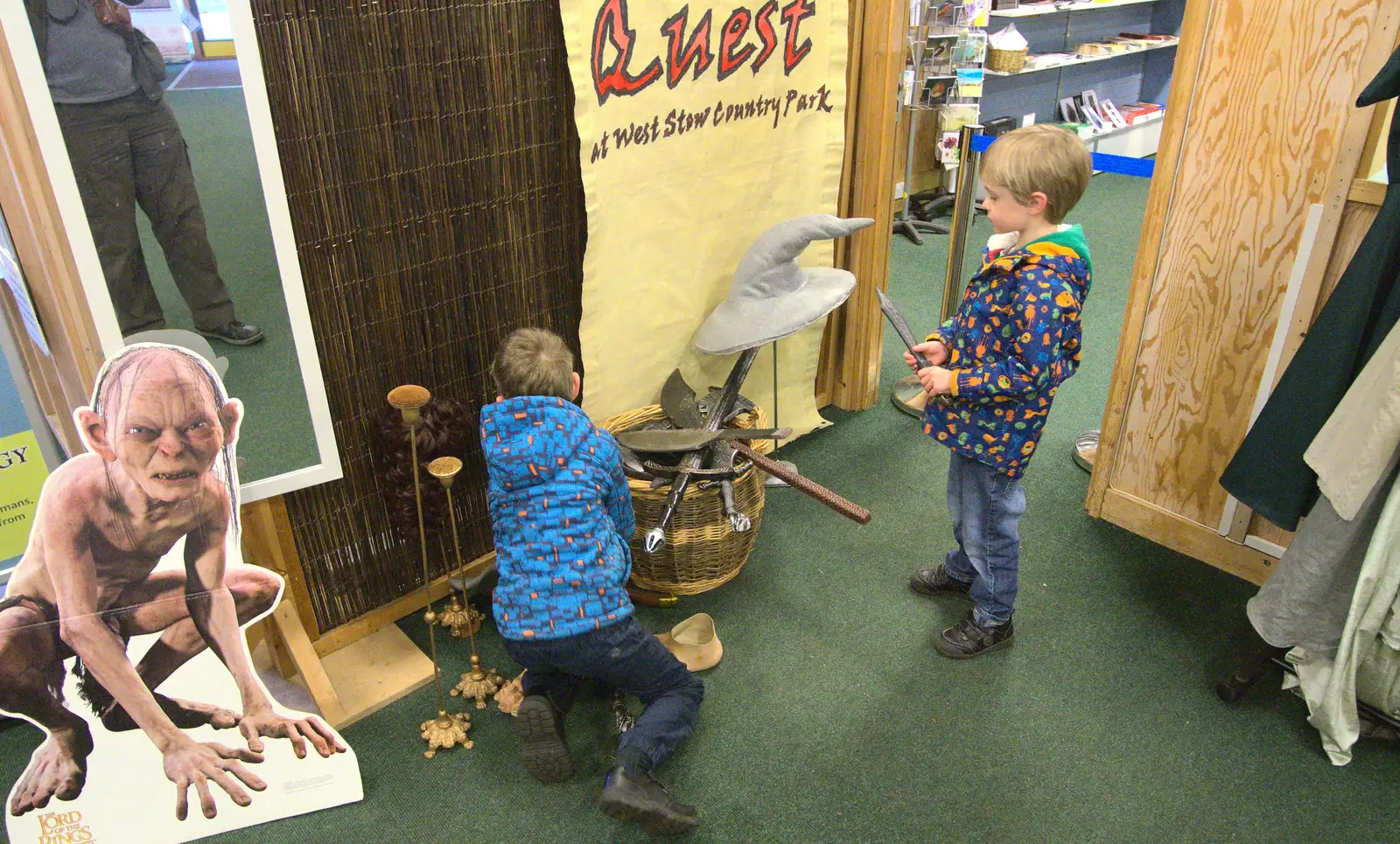 The boys look at film props, from An Anglo-Saxon Village, West Stow, Suffolk - 19th February 2017