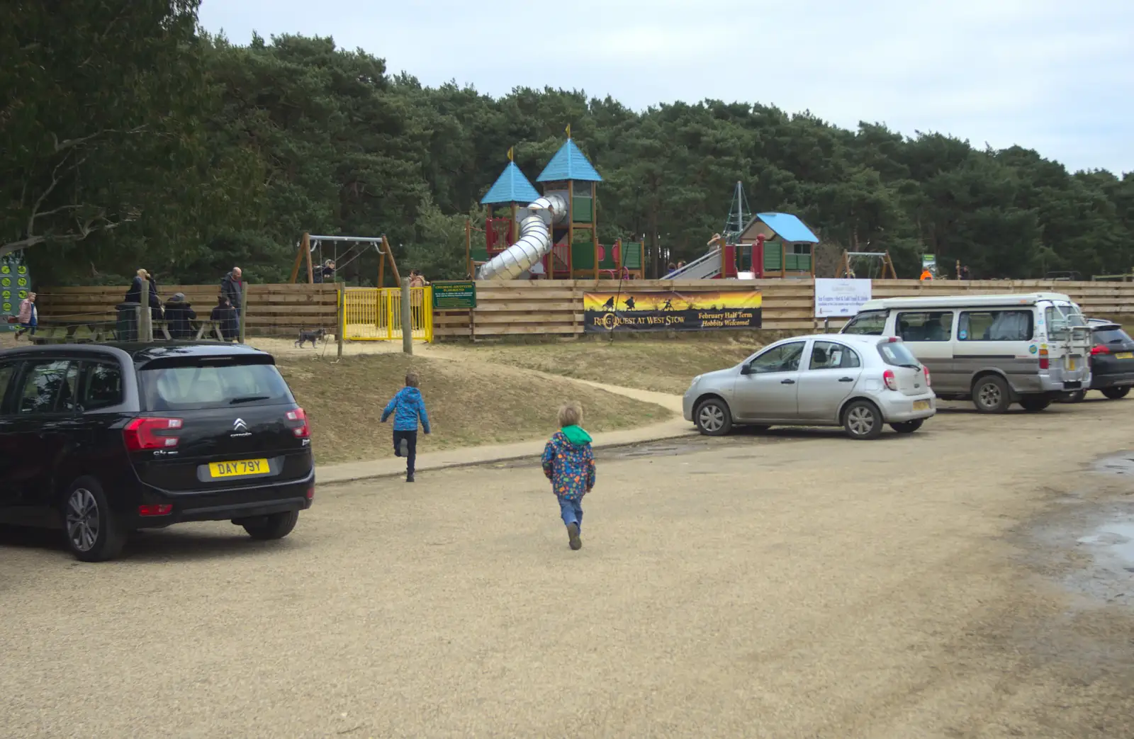 The boys run off to the playground, from An Anglo-Saxon Village, West Stow, Suffolk - 19th February 2017