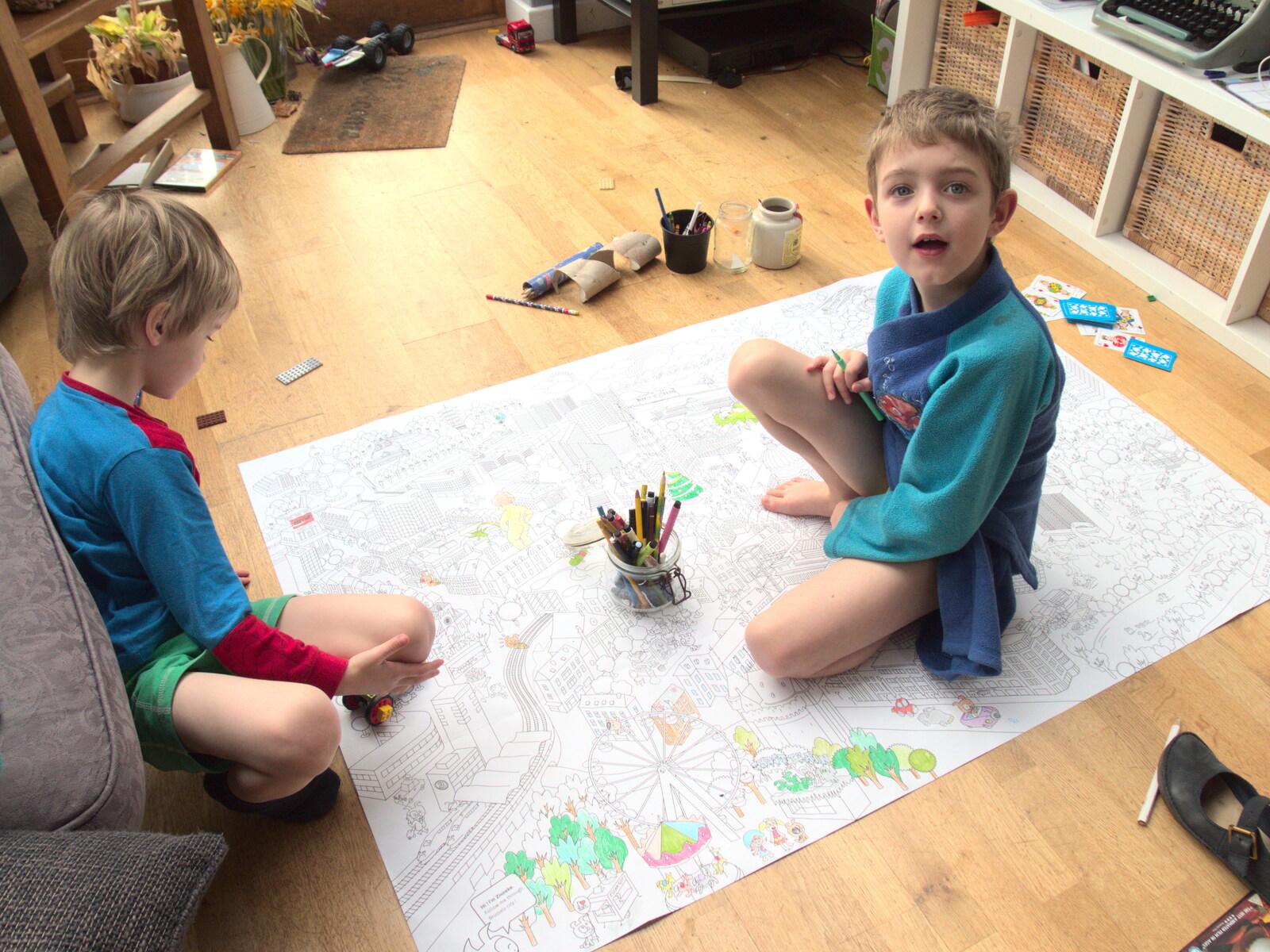 Harry and Fred are colouring in a map of Brussels from Paul's Birthday and other March Miscellany - 6th March 2017