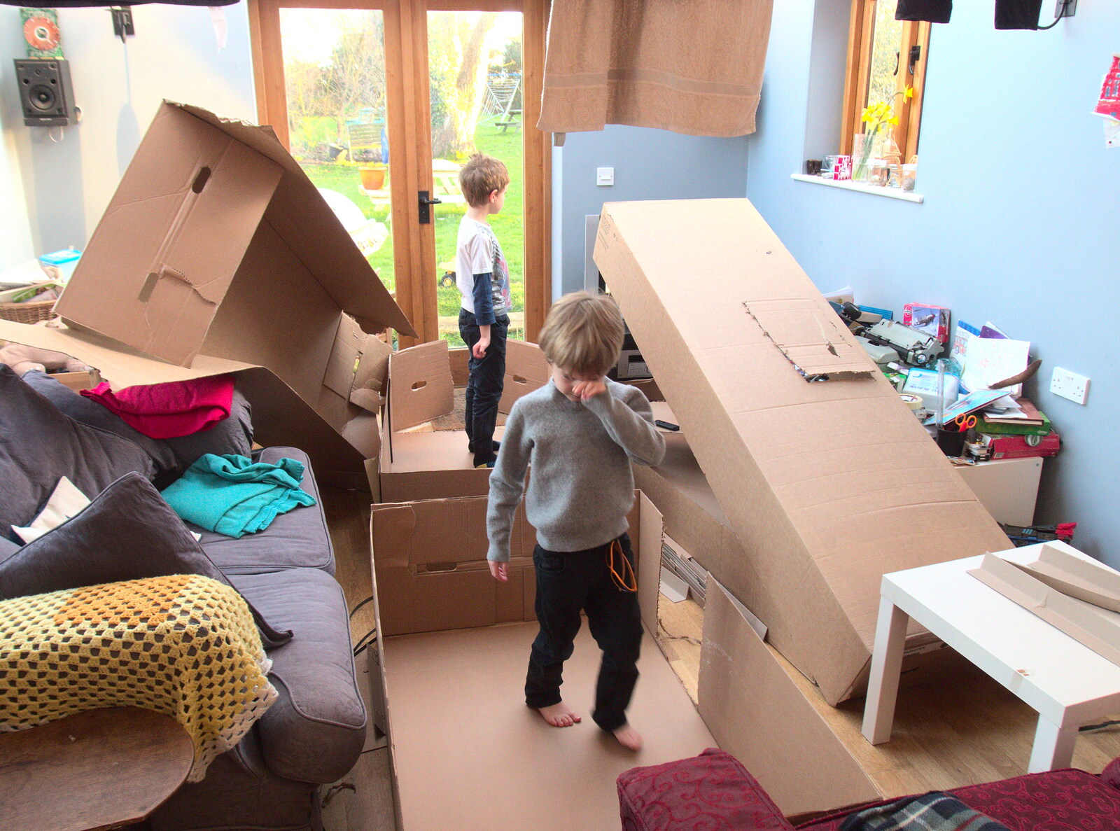 The boys make a den out of sofa boxes from Paul's Birthday and other March Miscellany - 6th March 2017