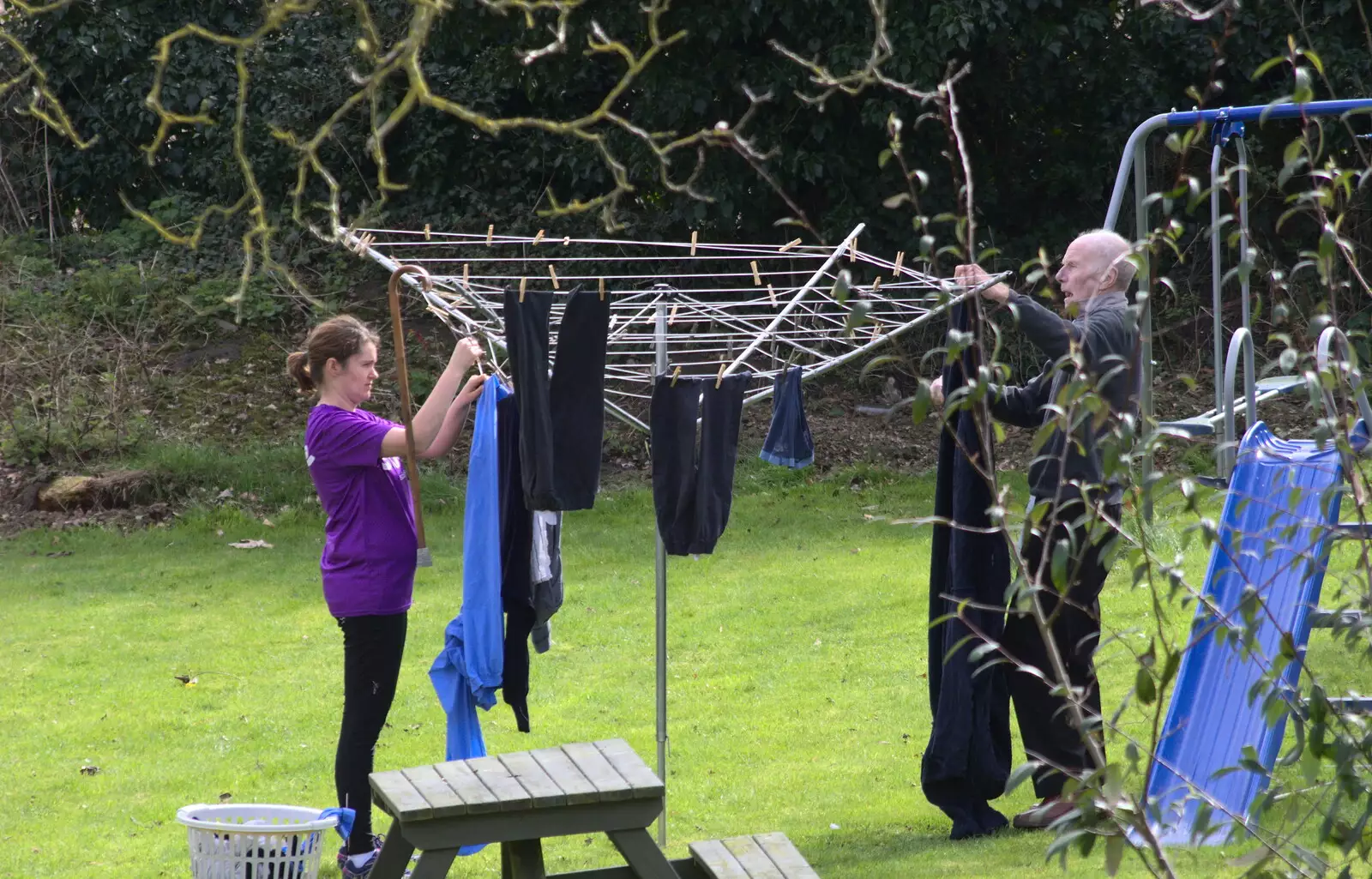 Isobel and Grandad hang washing out, from Digger Action and other March Miscellany, Suffolk and London - 21st March 2017