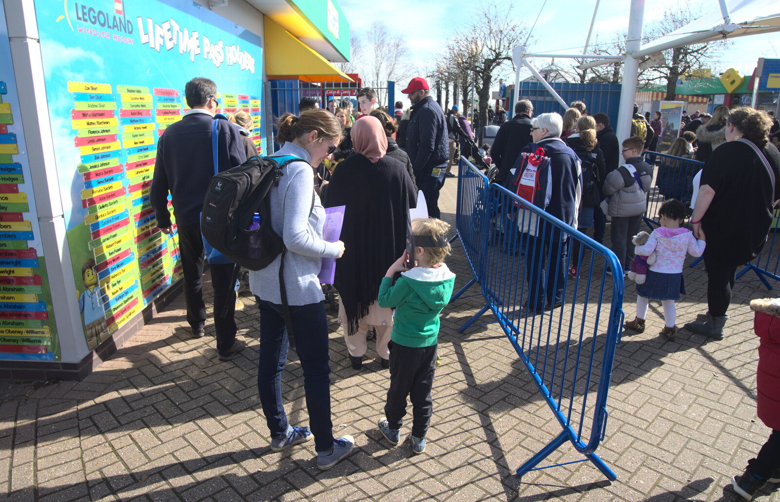 Isobel and Harry in the queue from A Trip to Legoland, Windsor, Berkshire - 25th March 2017