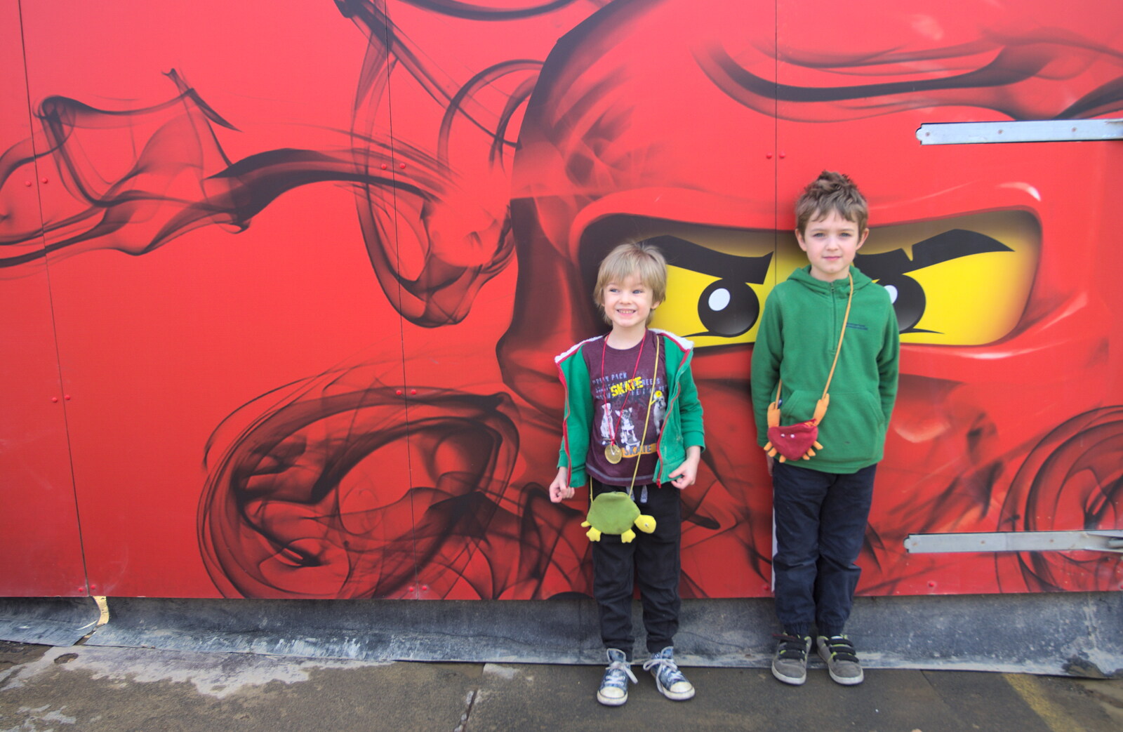 Harry and Fred by a Lego Ninja mural from A Trip to Legoland, Windsor, Berkshire - 25th March 2017