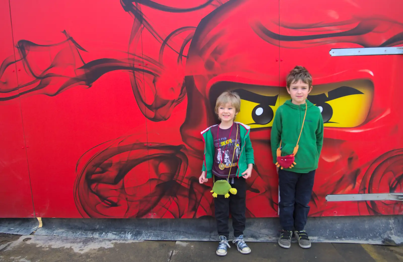 Harry and Fred by a Lego Ninja mural, from A Trip to Legoland, Windsor, Berkshire - 25th March 2017