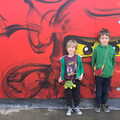 Harry and Fred by a Lego Ninja mural, A Trip to Legoland, Windsor, Berkshire - 25th March 2017