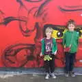 Harry and Fred by a Lego Ninja mural, A Trip to Legoland, Windsor, Berkshire - 25th March 2017