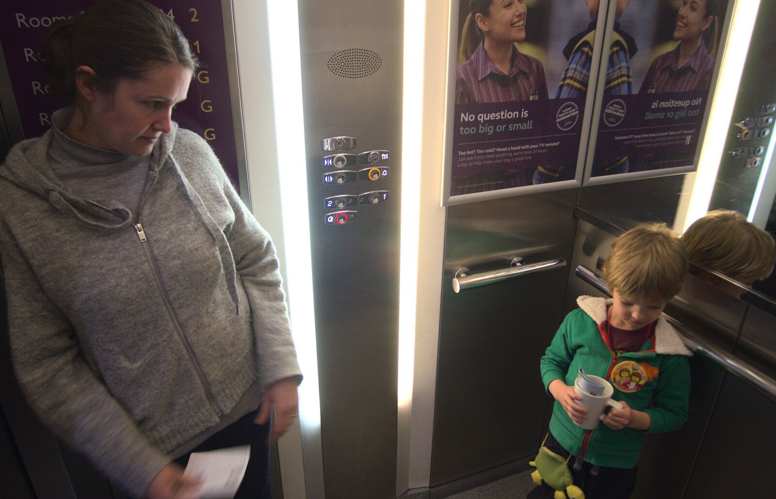 Isobel and Harry in the lift from A Trip to Legoland, Windsor, Berkshire - 25th March 2017