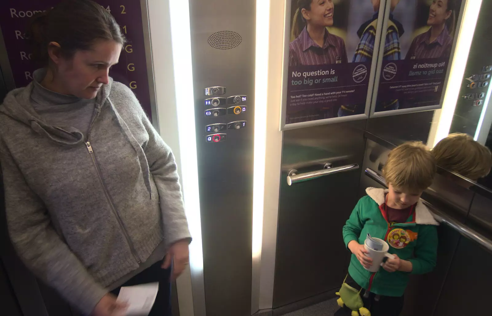 Isobel and Harry in the lift, from A Trip to Legoland, Windsor, Berkshire - 25th March 2017