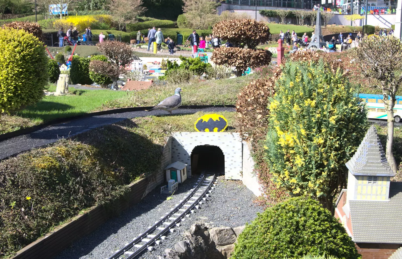 A pigeon looks like a giant invader, from A Trip to Legoland, Windsor, Berkshire - 25th March 2017