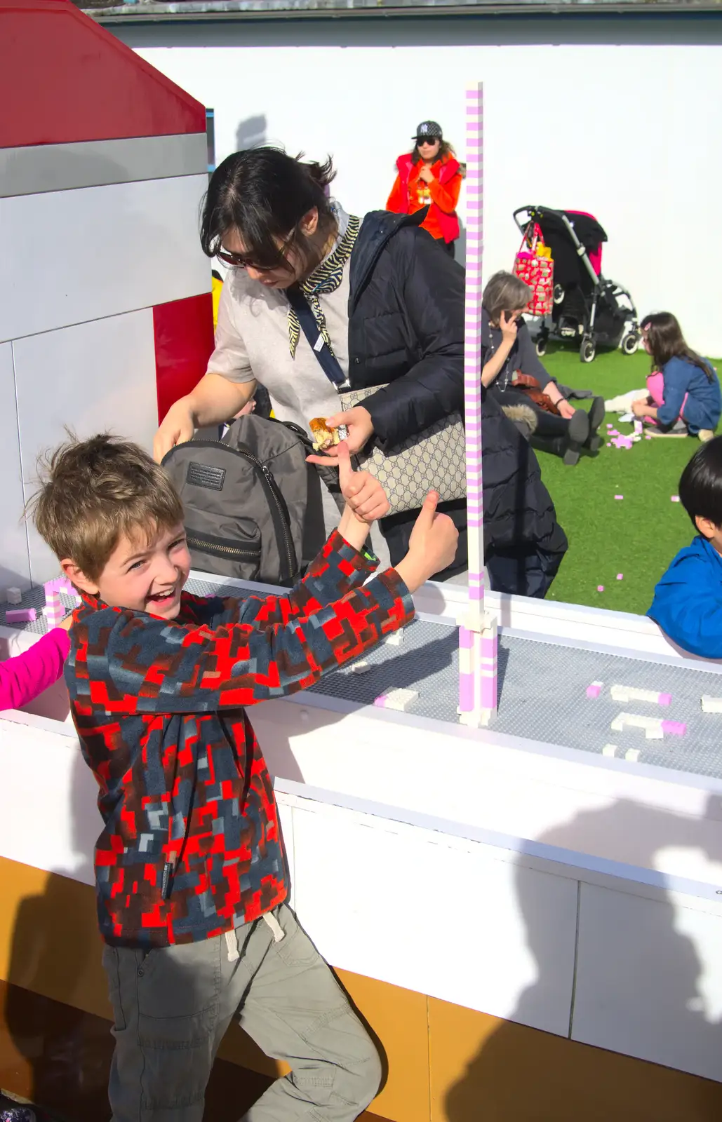 Fred's built a very tall tower out of pink and white bricks, from A Trip to Legoland, Windsor, Berkshire - 25th March 2017