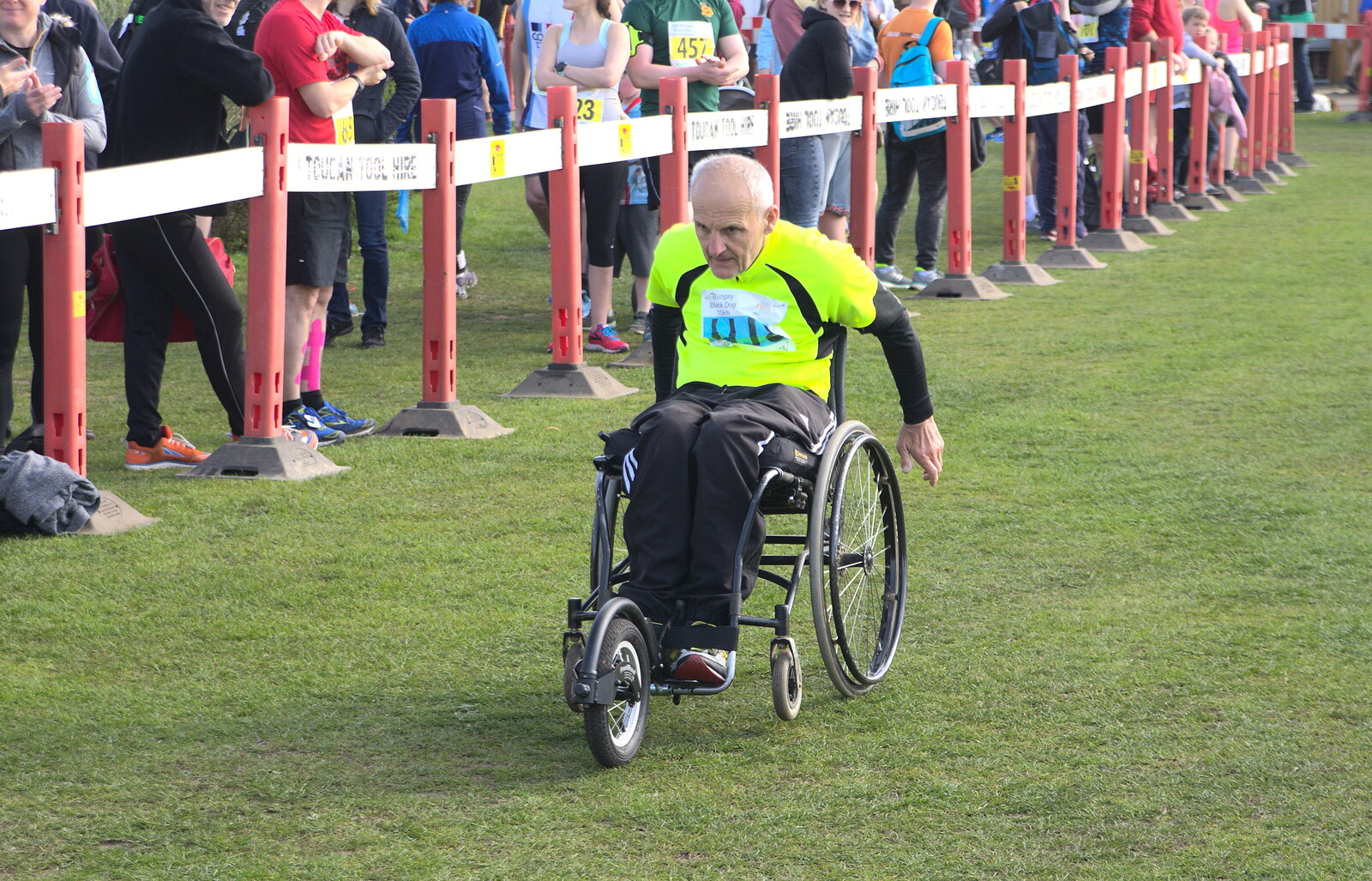 A dude with a wheelchair finishes from The Black Dog Festival of Running, Bungay, Suffolk - 2nd April 2017