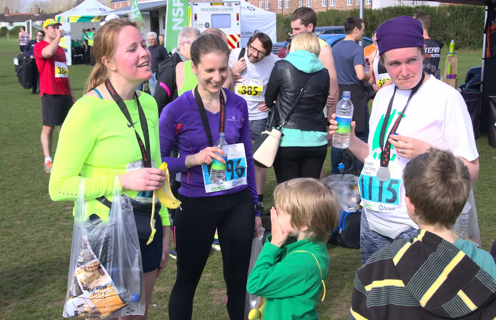 Allyson, ? and Isobel after the race, from The Black Dog Festival of Running, Bungay, Suffolk - 2nd April 2017