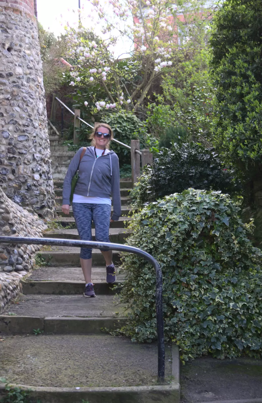 Isobel, with a gammy leg, walks down the steps, from A Postcard from Beccles, Suffolk - 2nd April 2017