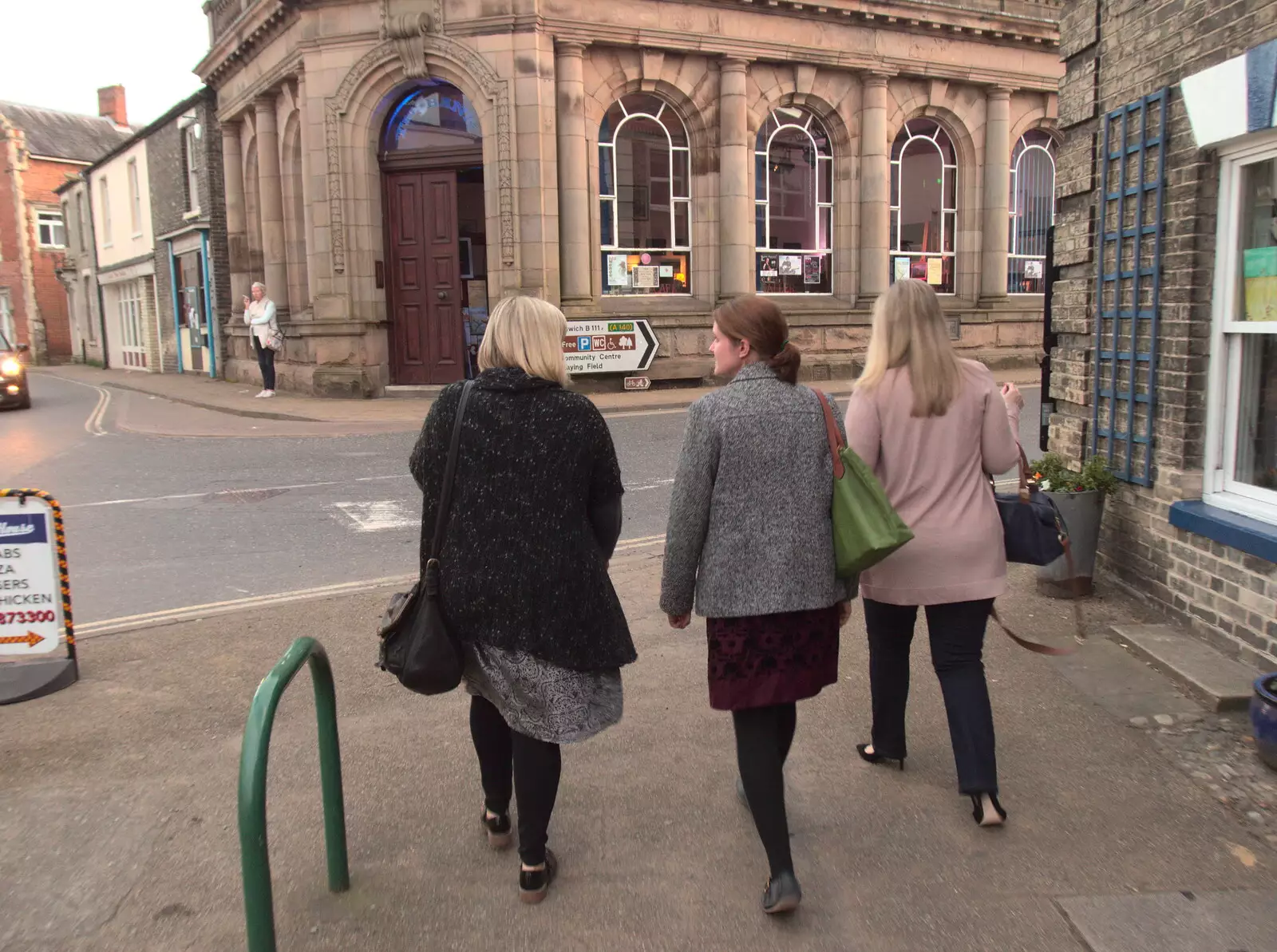 Rachel, Isobel and Helen head to The Bank, from Comedy Night, and a Village Yard Sale, Eye and Brome, Suffolk - 8th April 2017