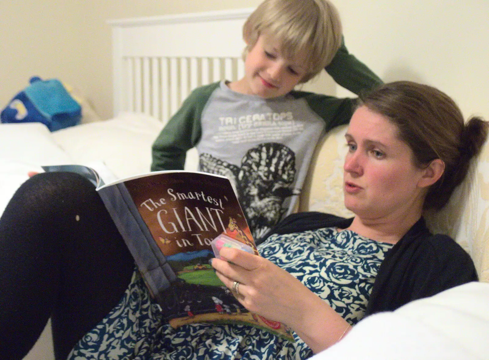 Isobel reads a bed-time story, from Grandma J's and a Day on the Beach, Spreyton and Exmouth, Devon - 13th April 2017