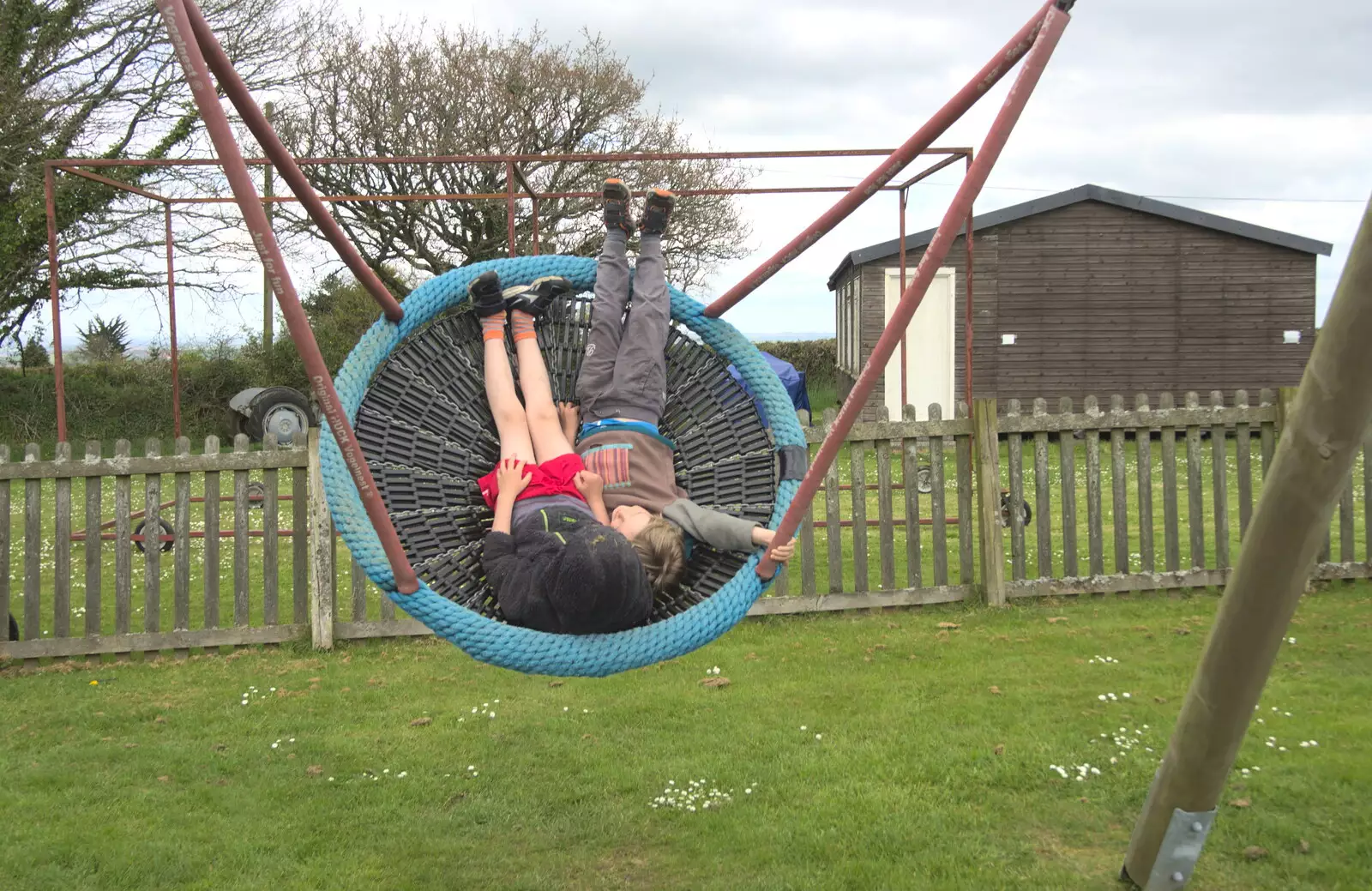 The boys are upside-down, from Grandma J's and a Day on the Beach, Spreyton and Exmouth, Devon - 13th April 2017