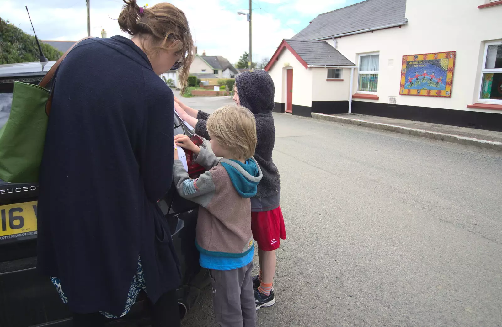 The boys write down some more answers, from Grandma J's and a Day on the Beach, Spreyton and Exmouth, Devon - 13th April 2017