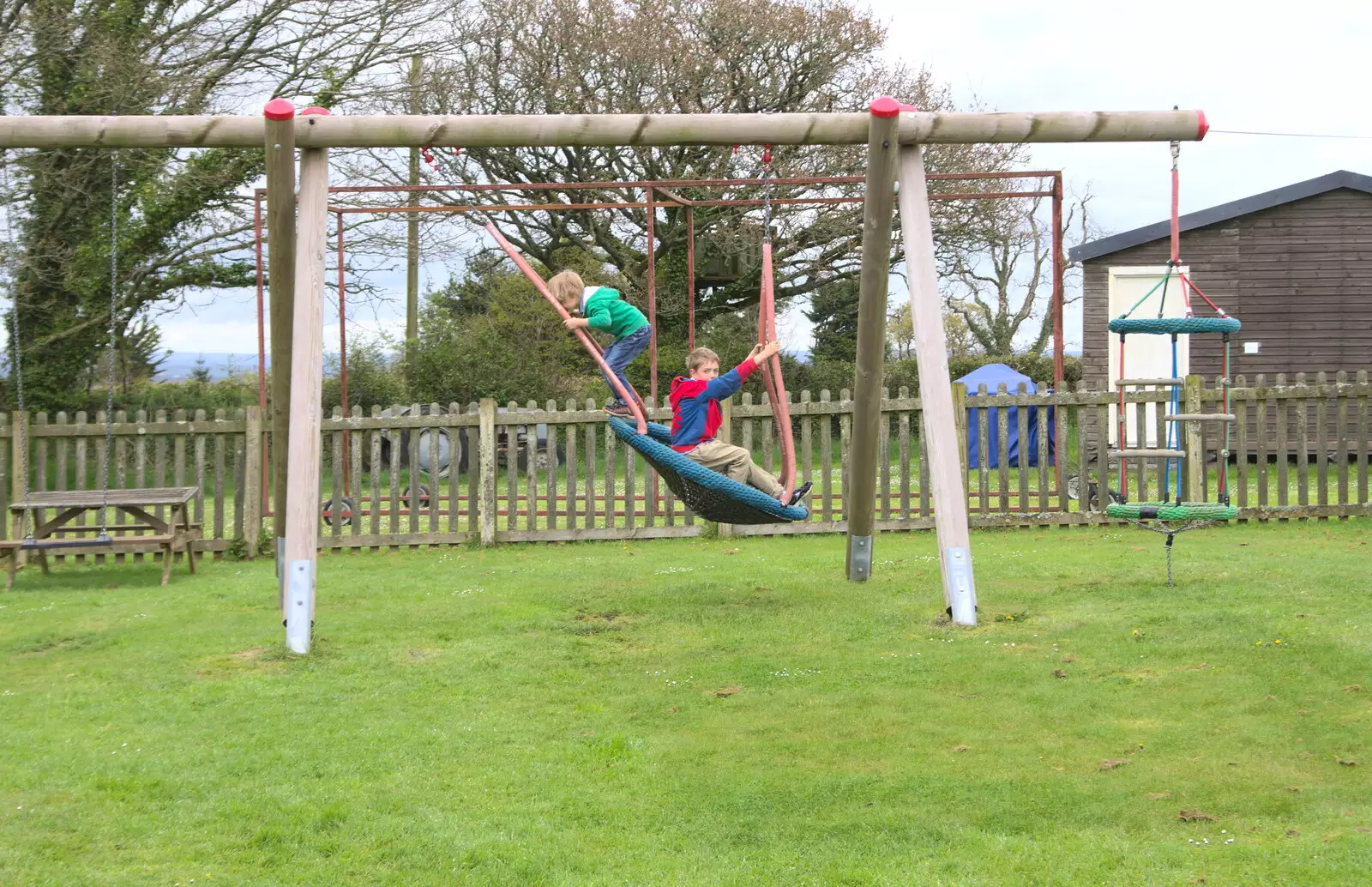 The boys are on the swing again, from A Barbeque, Grimspound and Pizza, Dartmoor and Exeter, Devon - 15th April 2017