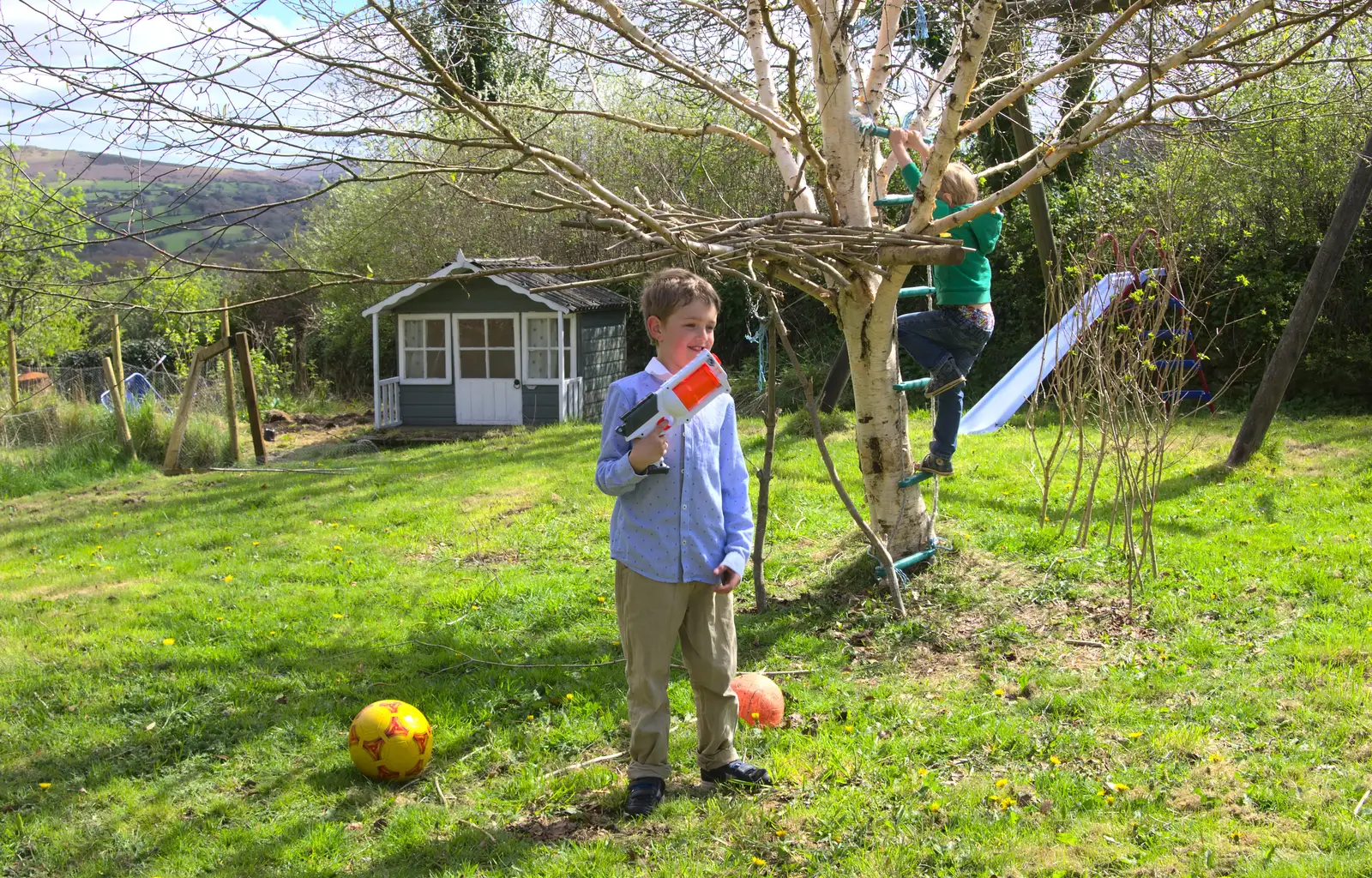 Fred's found a Nerf gun, from A Barbeque, Grimspound and Pizza, Dartmoor and Exeter, Devon - 15th April 2017