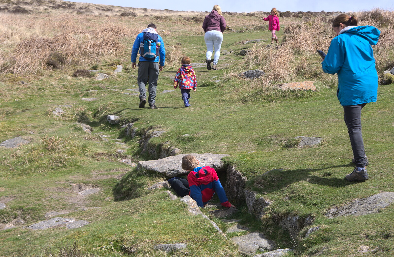 Fred messes around in an iron-age water course from A Barbeque, Grimspound and Pizza, Dartmoor and Exeter, Devon - 15th April 2017