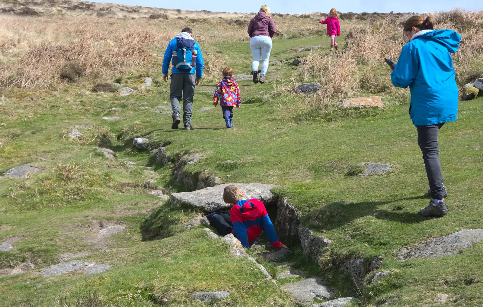 Fred messes around in an iron-age water course, from A Barbeque, Grimspound and Pizza, Dartmoor and Exeter, Devon - 15th April 2017