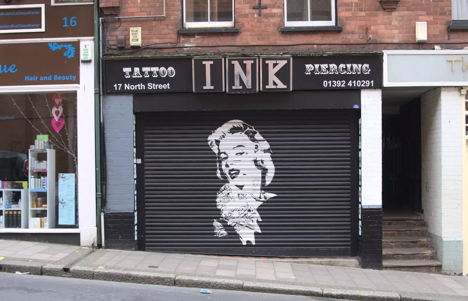 Marilyn Monroe on a tattoo-shop roller blind, from A Barbeque, Grimspound and Pizza, Dartmoor and Exeter, Devon - 15th April 2017