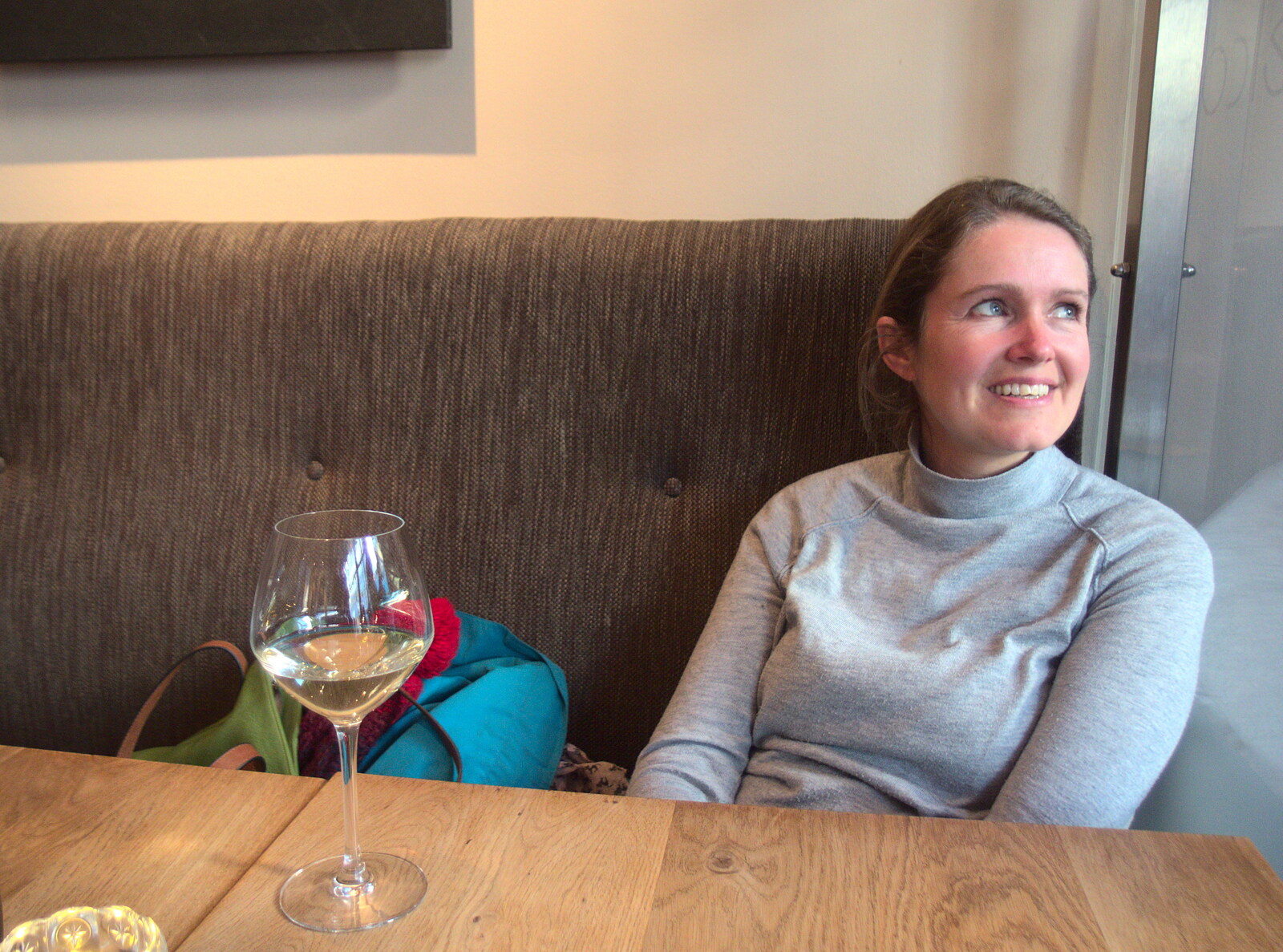 Isobel and glass of wine in the restaurant from A Trip to Reykjavik, Iceland - 20th April 2017