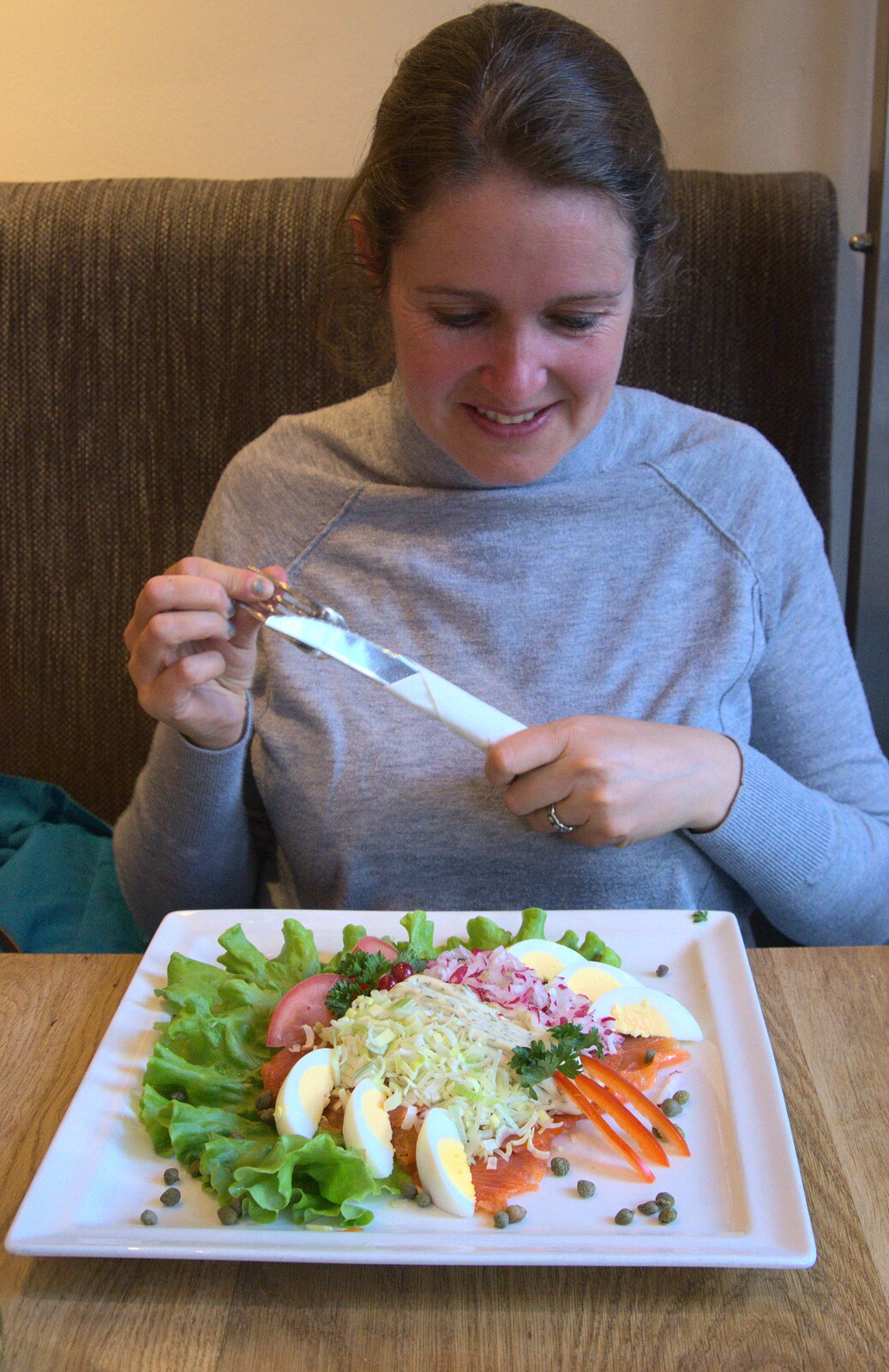 Isobel contemplates her £15 open sandwich from A Trip to Reykjavik, Iceland - 20th April 2017