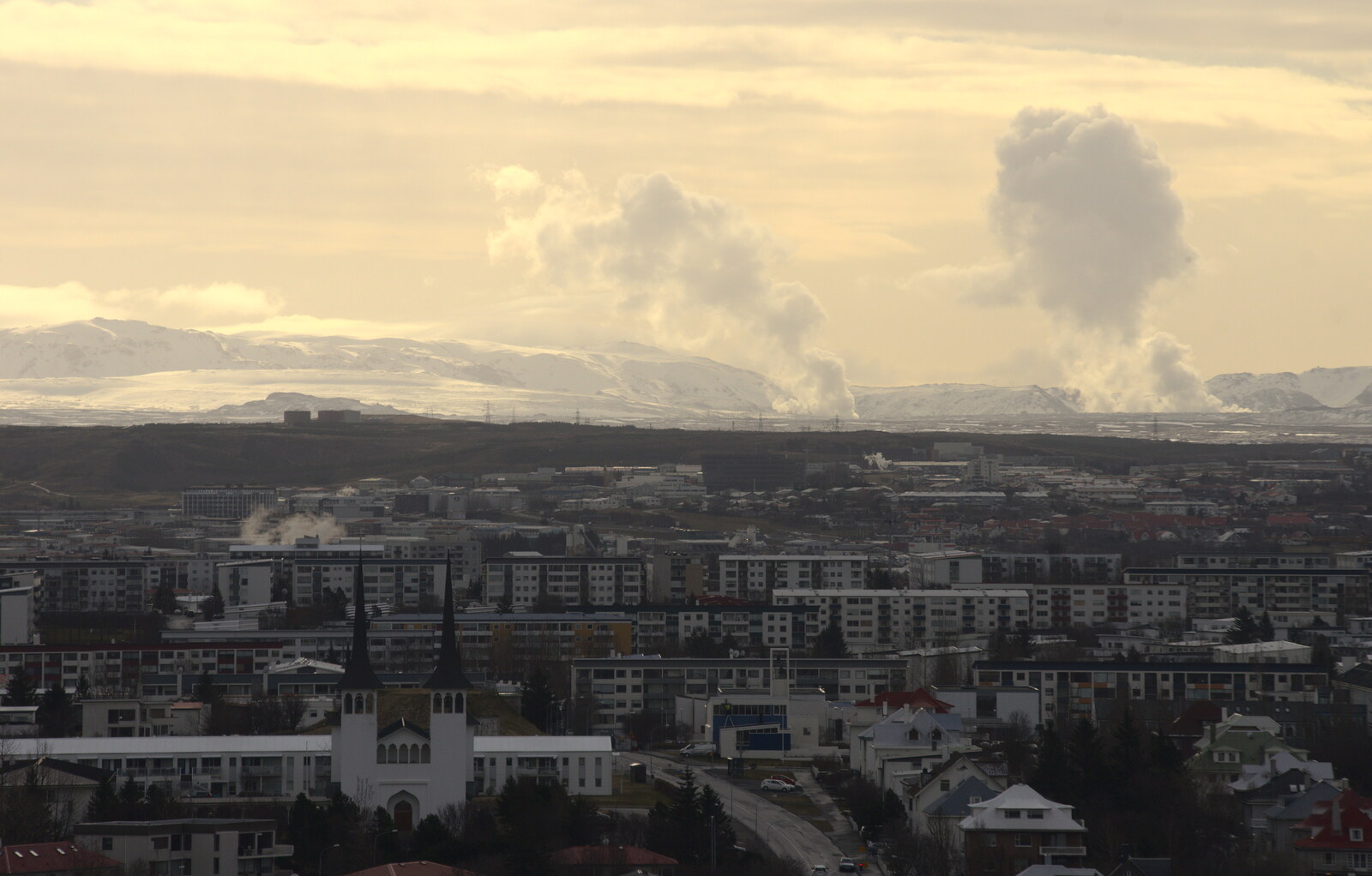 Hydrothermal steam rises in the distance from Hallgrímskirkja Cathedral and Whale Watching, Reykjavik - 21st April 2017