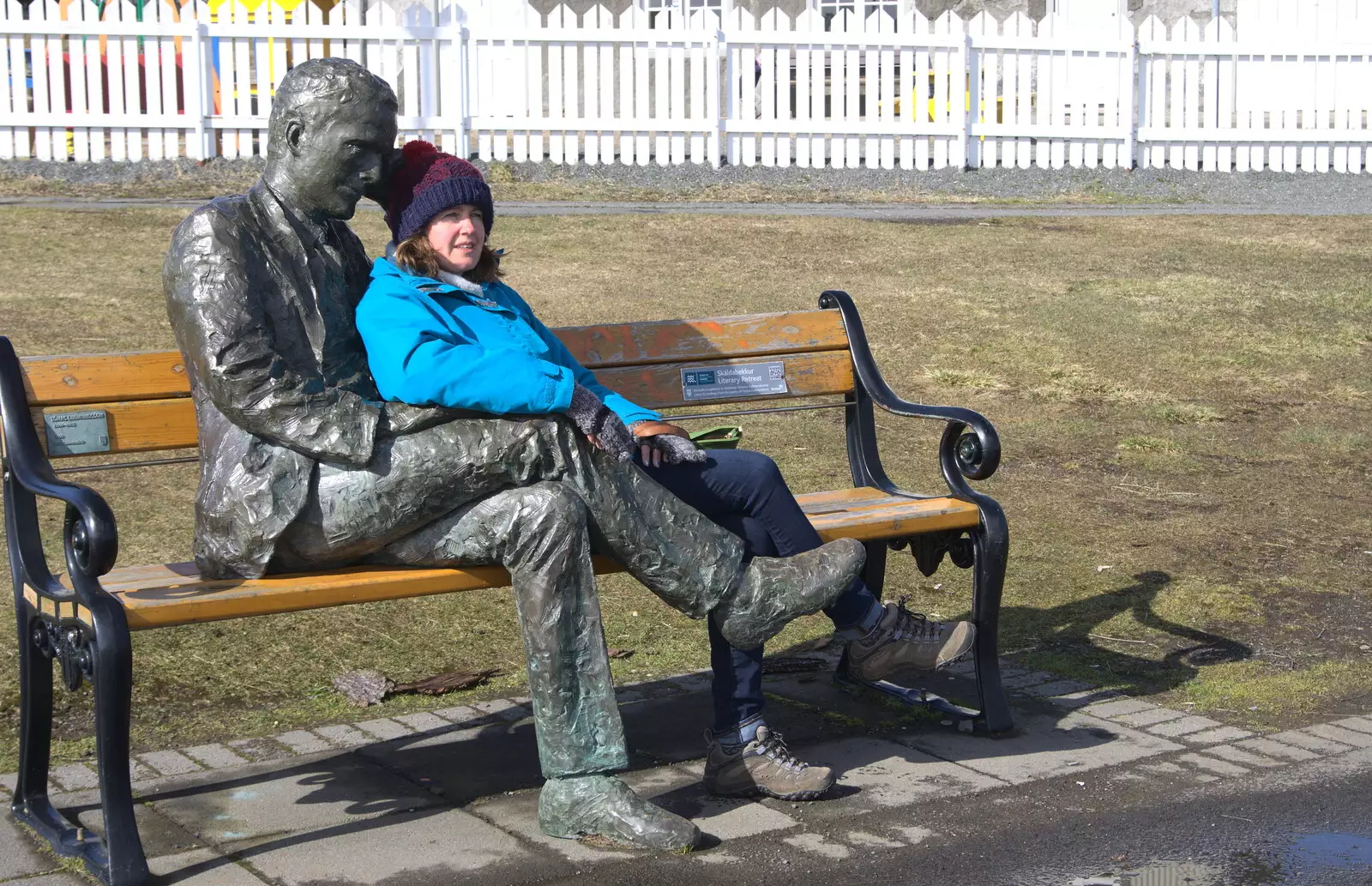 Isobel sits down with a bronze dude, from Hallgrímskirkja Cathedral and Whale Watching, Reykjavik - 21st April 2017