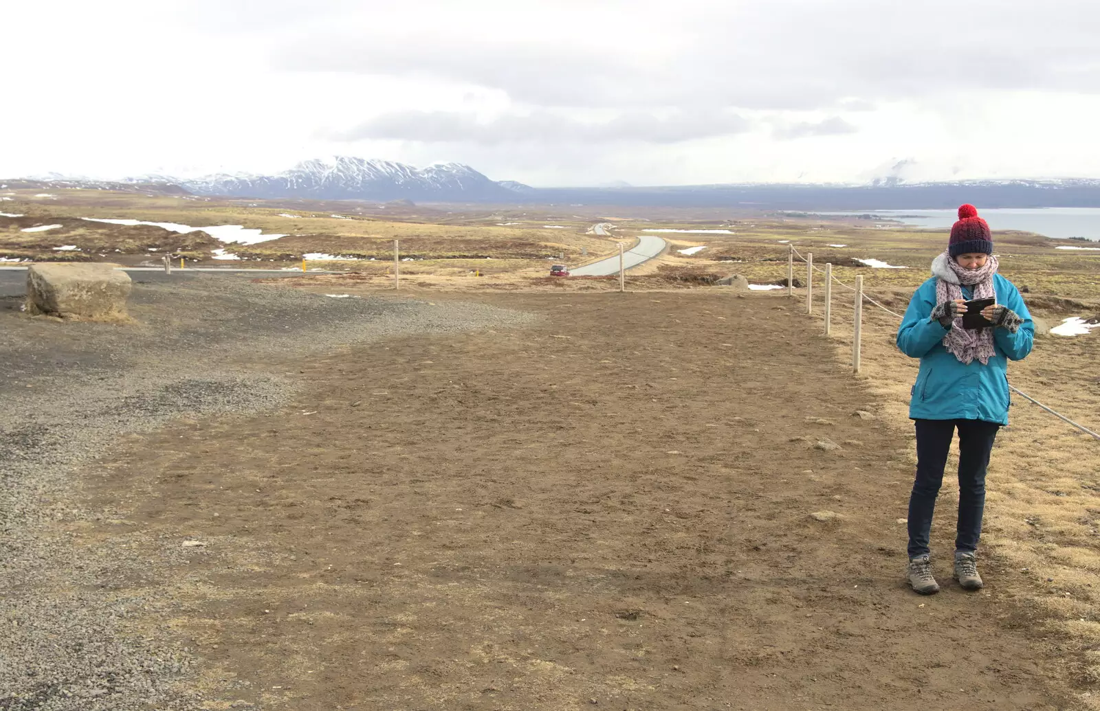 Isobel checks her phone, from The Golden Circle of Ísland, Iceland - 22nd April 2017