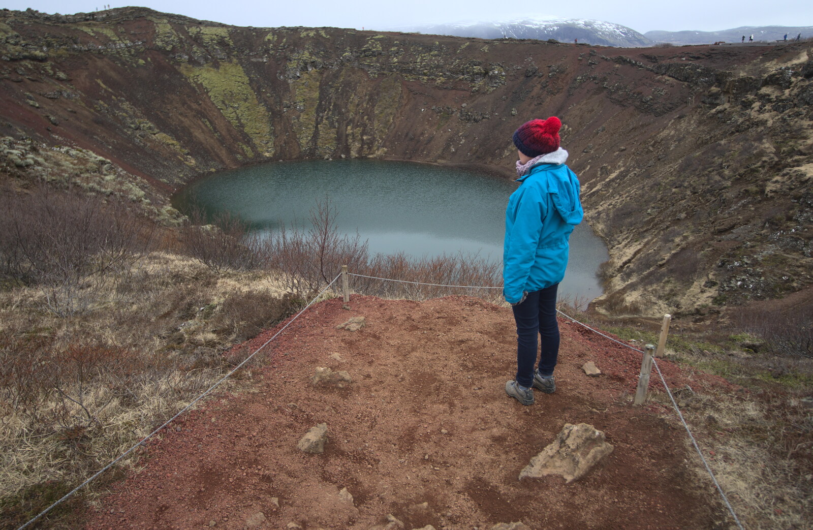 Isobel inspects the crater from The Golden Circle of Ísland, Iceland - 22nd April 2017